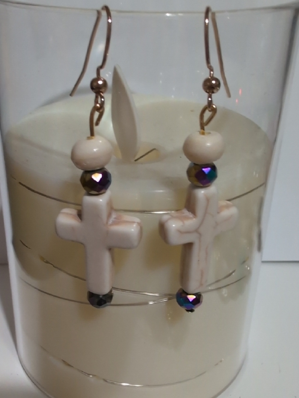 NWOT handcrafted ivory stone Cross Bead Dangle Earrings
